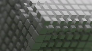 Hareket gibi pürüzsüz, ritmik bir dalgada dalgalanan sayısız beyaz kübün hareketli bir motifi modern bir dijital arkaplan yaratır.
