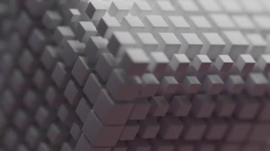 Çok sayıda beyaz ve açık gri kübün ritmik hareketi büyüleyici bir soyut arkaplan oluşturur. Bu geometrik dijital sanat eseri çeşitli projeler için modern bir görsel sunar.