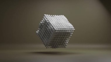 Beyaz kübik yapı, çok sayıda küçük bloktan oluşur, dinamik olarak hareketlenir ve şeklini değiştirir. Bu soyut dijital sanat eseri büyüleyici bir görsel deneyim yaratır.