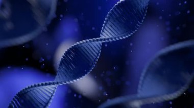 Fütürist bir bilim ortamında dönen mavi DNA çift sarmalının dinamik animasyonu soyut moleküler yapılar ve parlayan parçacıklar, genetik ve biyoteknolojiyi sembolize ediyor.