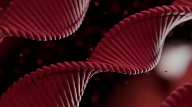 Kırmızı DNA çift sarmal iplikler, dinamik ve soyut hücresel bir ortamda genetik bilgiyi sembolize ederek karmaşık bir şekilde döner.