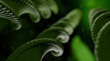 Çoklu soyut yeşil sarmal yapılar yavaşça döner, titreşen parçacıklar ile karanlık bir arkaplana karşı kurulur, genetik ve hücresel biyoloji temalarını çağrıştırır.