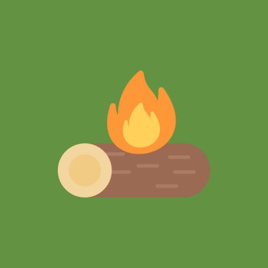 Yeşil arkaplanda izole edilmiş düz stil kamp ateşi simgesi