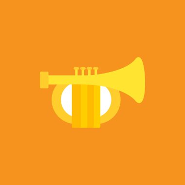 Düz stil trompet simgesi müzik sembollü sarı arkaplan üzerinde.