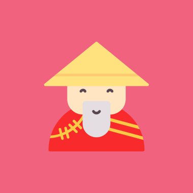 Sakallı ve şapkalı Çinli bir adam. Beyaz arkaplanda izole edilmiş vektör düz çizgi film çizimi