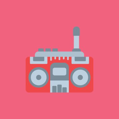 Kırmızı arka planda büyük bir bataryası olan çizgi film robotunun vektör çizimi