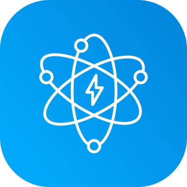 Uzun gölgeli beyaz çizgi atom ikonu. Bilimin, eğitimin, nükleer fiziğin, bilimsel araştırmanın sembolü. Mavi daire düğmesi. vektör.