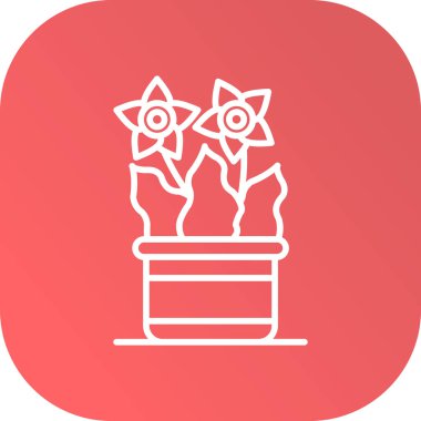 Vazodaki beyaz çizgi çiçeği ve uzun gölgeli yaprak ikonu. Kırmızı daire düğmesi. vektör.