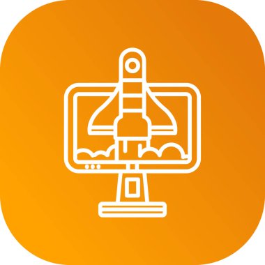 Beyaz çizgi uydu simgesi uzun gölge arkaplanı ile izole edildi. turuncu kare düğme. vektör illüstrasyonu