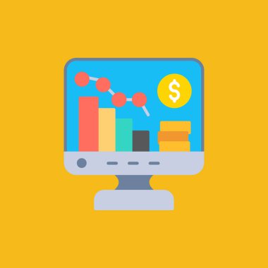 Bozuk paralı bilgisayar ve pasta grafiği vektör çizimi tasarımı