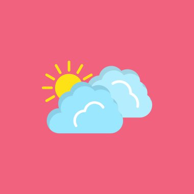 Güneş bulutu, mavi arkaplan çiziminde düz stil güneş ikonu ile