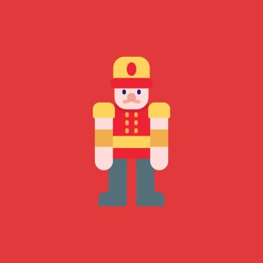 Vektör düz ikon, erkek elementi, şapka ve kırmızı ceket giyiyor. düz tasarım illüstrasyon, kırmızı arkaplanda izole edilmiş