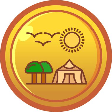 Yuvarlak bir madeni paranın çizimi Ağaçlar ve güneş ile