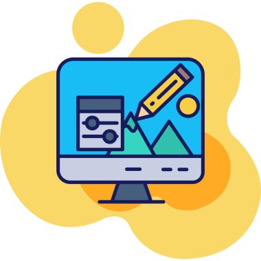 Dizüstü bilgisayarı ve grafiksel simgesi dolu bilgisayar monitörü - taslak biçimi