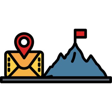 Konum iğnesi ve dağ simgesi renginde harita. Dağları, haritası, pusulası ve GPS 'i olan bir dağ. vektör illüstrasyonu