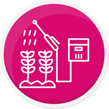 Topraktaki beyaz çizgi bahçe tohumları ve uzun gölgeli izole edilmiş bir bitki ikonu. Kırmızı daire düğmesi. vektör illüstrasyonu