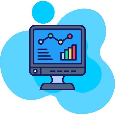 Grafik simgesi olan bilgisayar. Web için pasta grafiği vektör simgelerine sahip bilgisayarın düz çizimi