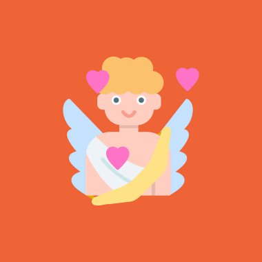 Kanatlı, kalp şeklinde, sevgililer günü konsepti olan bir aşk tanrısı. Beyaz arkaplanda izole edilmiş vektör çizimi düz çizgi film karakteri