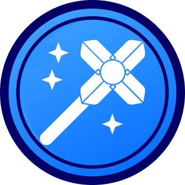 Mavi çizgi sihirli değnek simgesi beyaz arkaplanda izole edildi. Yıldız şeklinde sihirli aksesuar. Sihirli güç. Mavi cadılar bayramı partisi düğmesi. vektör illüstrasyonu