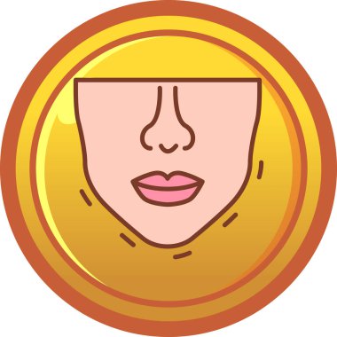 Altın sikke ikonunda kadın başı, çizgi film stili.