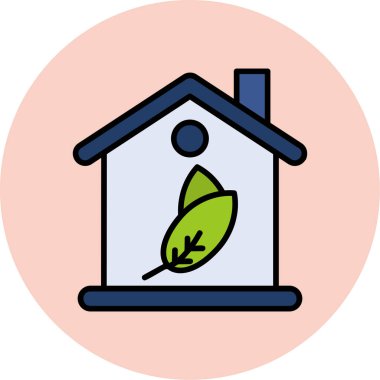 Yaprak ikonlu ev. Yaprak sembolü vektör rengi düz illüstrasyonlu ev çizimi.