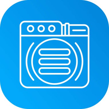 Mavi çizgili mutfak fırını ikonu mavi arka planda izole edilmiş. Mutfak aletleri imzası. Beyaz daire düğmesi. vektör