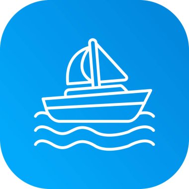 Uzun gölgeli beyaz çizgili bir yat ikonu. Deniz gezisinde yelkenli. Mavi daire düğmesi. vektör