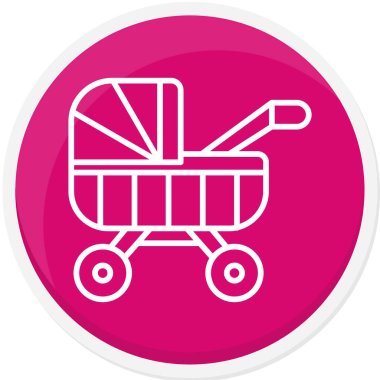 Bebek arabası ikonu. Vektör biçimi yuvarlak açılı düz ikonik sembol, pembe renk, beyaz arkaplan.