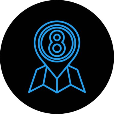 Harita işaretleyici simgesi. Kabartma biçimi yuvarlak açılı sembol, mavi renk, siyah arkaplan.