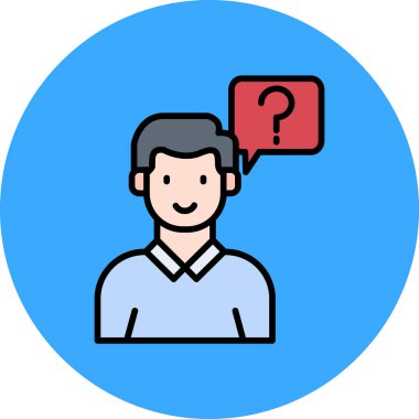 Soru işareti simgesi olan adam. Soru vektör simgesine sahip ana hatlı adam düz izole edilmiş