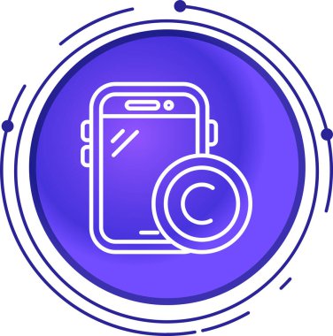 Beyaz arka planda madeni para simgesi olan beyaz çizgili mobil akıllı telefon. Çember düğmesi. vektör.