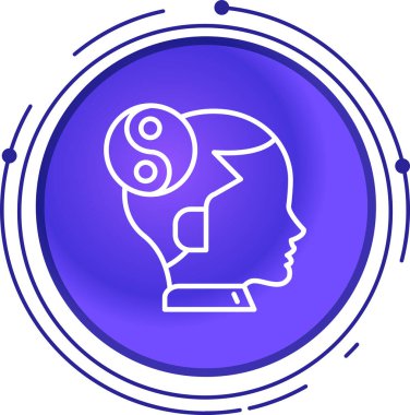 Beyaz arka planda izole edilmiş bir beyin ikonundaki siyah çizgi insan kafası. Mavi daire düğmesi. vektör illüstrasyonu