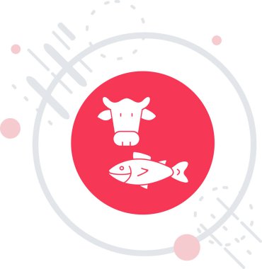 Beyaz çizgi balık simgesi uzun arka planda izole edildi. Kırmızı daire düğmesi. vektör.