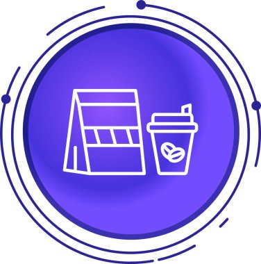 Beyaz zemin üzerinde karton kutu ve teslimat ikonu olan çizgi kahve fincanı dolduruldu. Teslimat servisi. Paket paketi. soyut çember ana hat düğmesi.