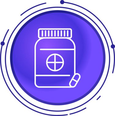 Beyaz arka planda ilaç ikonu olan mavi şişe. Biberon hapı. Eczane ikonu. vektör illüstrasyonu