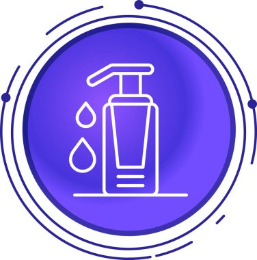 Beyaz zemin üzerinde sabun ikonu olan mavi çizgi duş suyu şişesi. Mavi daire düğmesi. vektör illüstrasyonu