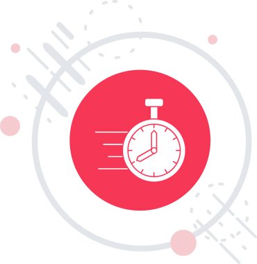 Beyaz çizgi saat simgesi uzun gölgeli izole edildi. Zaman sembolü. Kırmızı daire düğmesi. Vektör İllüstrasyonu