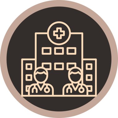 Hastane Binası vektör simgesi. Stil düz dairesembolü, sarı renk, yuvarlak açılar, beyaz arka plan