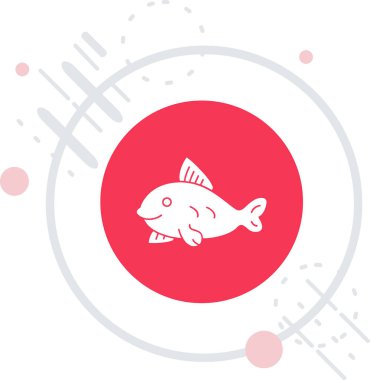 Beyaz arka planda izole edilmiş beyaz balık simgesi. Kırmızı daire düğmesi. vektör illüstrasyonu