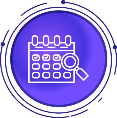 beyaz çizgi takvimi ve takvimi, anımsatma, hatırlatma, turta grafik simgesi beyaz arkaplanda izole. mor daire düğmesi. vektör illüstrasyonu