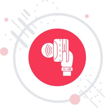 Uzun gölgeli kablosuz kulaklık ikonuna sahip beyaz çizgi akıllı saat. Kırmızı daire düğmesi. vektör