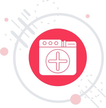 Beyaz mutfak fırını ikonu uzun gölge arkaplan izole. Mutfak gaz fırını. Kırmızı daire düğmesi. vektör illüstrasyonu