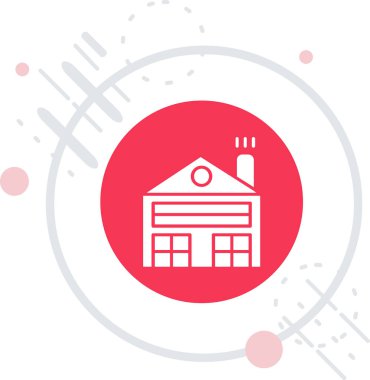 Çatı simgesi altında uzun gölgeli beyaz çizgili ev. Çatısı olan ev binası. Kırmızı daire düğmesi. vektör