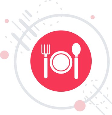 Beyaz arkaplanda beyaz çatal ve kaşık simgesi var. Mutfak aletleri. Çatal bıçak seti. Kırmızı daire düğmesi. vektör.