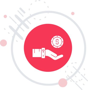 Beyaz çizgili el, uzun gölgeli bir çanta ikonu tutuyor. Para çantası. Nakit para. Nakit para. Kırmızı daire düğmesi. vektör