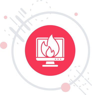 Beyaz zemin üzerinde ateş ikonu olan kırmızı alev ve dizüstü bilgisayar. Çember düğmesi. vektör illüstrasyonu