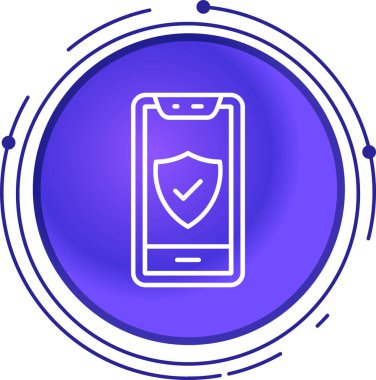 Beyaz zemin üzerinde kalkan simgesi olan siyah akıllı telefon. Çevrimiçi güvenlik. Güvenlik, koruma, gizlilik kavramı. Mavi daire düğmesi. vektör.