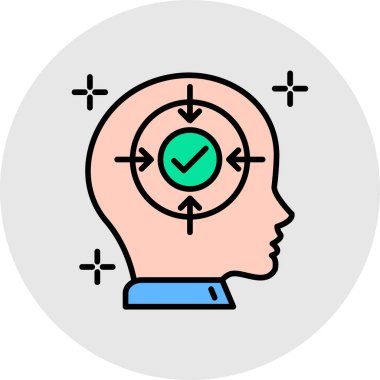 Beyinde saat ve kafa simgesi var. Beyni ve okları olan insan..