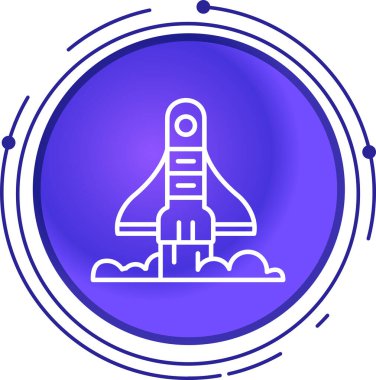 Siyah çizgi uçan roket ikonu beyaz arka planda izole edildi. Uzay roketi gemisi. Mavi daire düğmesi. vektör.