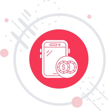 Uzun gölge arkaplan izole edilmiş bir cep telefonu simgesine sahip beyaz çizgi akıllı saat. Kablosuz şeylerle internet bağlantısı. Kırmızı daire düğmesi. vektör illüstrasyonu